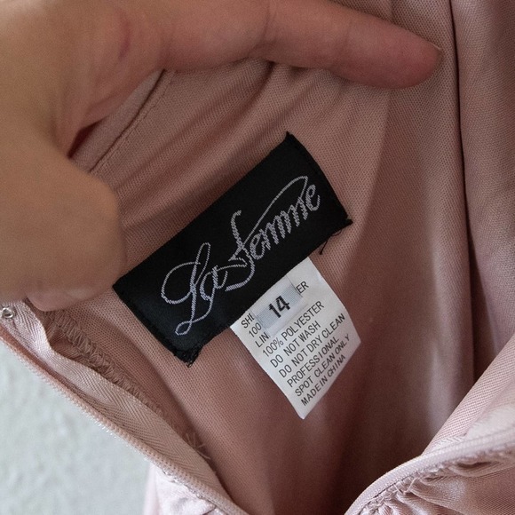 La Femme Off the Shoulder Satin Strappy Back Trumpet Gown in Mauve - Picture 4 of 5